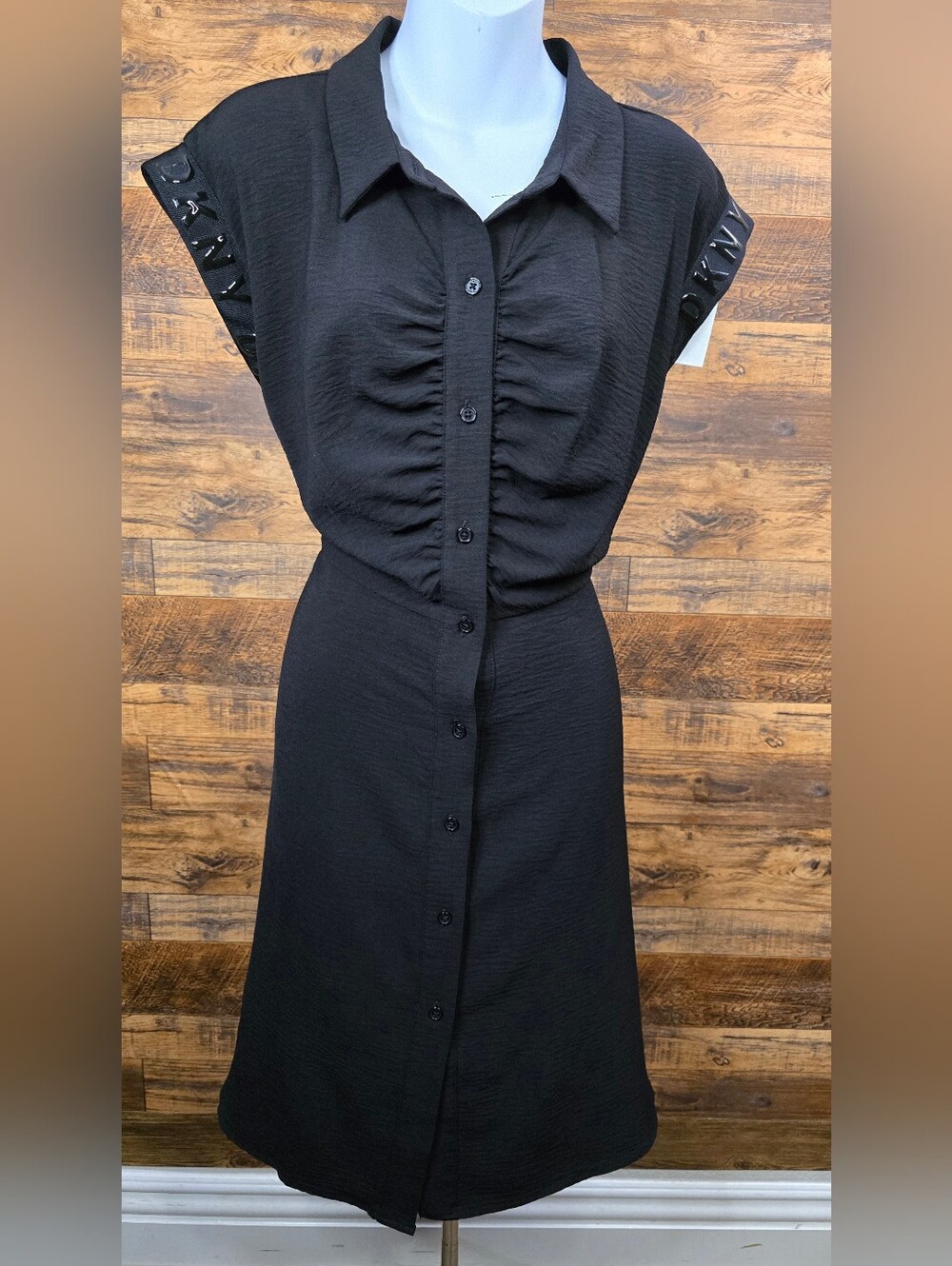 Black Button-Front Ruched Collar Women's Dress